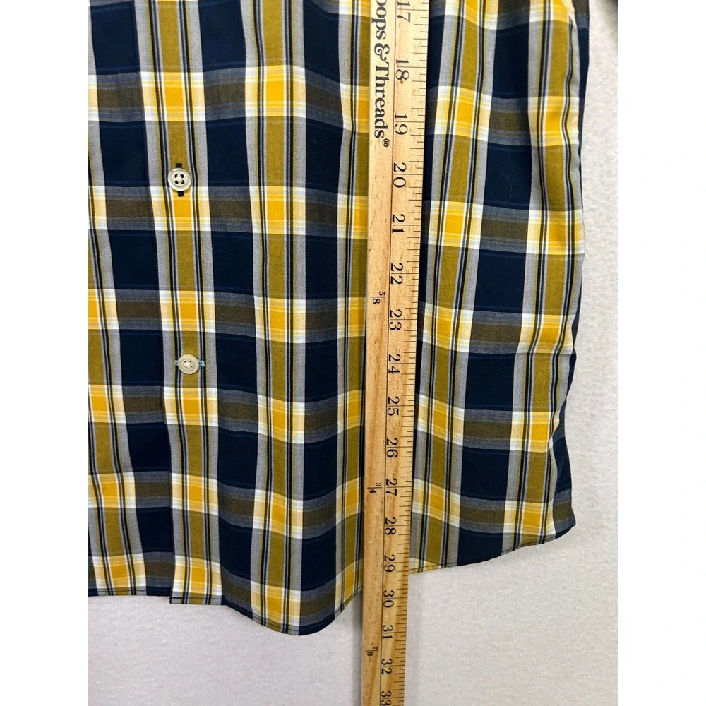 Classic Preppy Banana Republic Mens M Yellow Navy Plaid Grant Fit Non-Iron Shirt